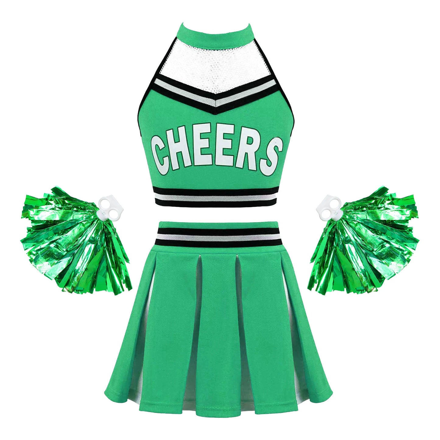 Girls Cheerleader Uniform Dance Costume Halter Mesh Patchwork Cheers Print Crop Top with Pleated Skirt Pompoms Cheerleading Suit