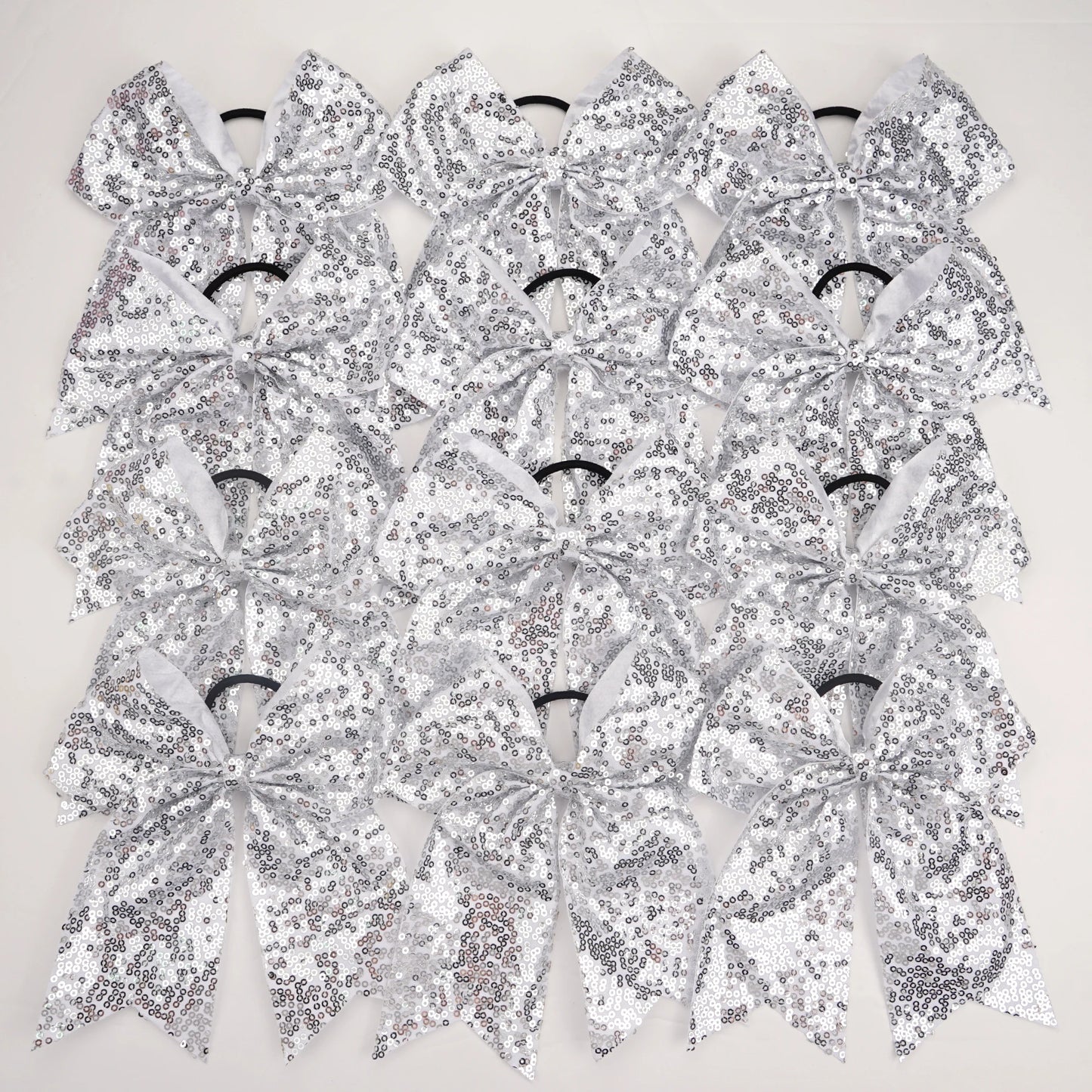 12Pcs 7.5" Bling Sparkly Glitter Sequins Pigtail Bows for kid Girls Large cheerleading bows Ponytail Holder Elastic Hair Ties