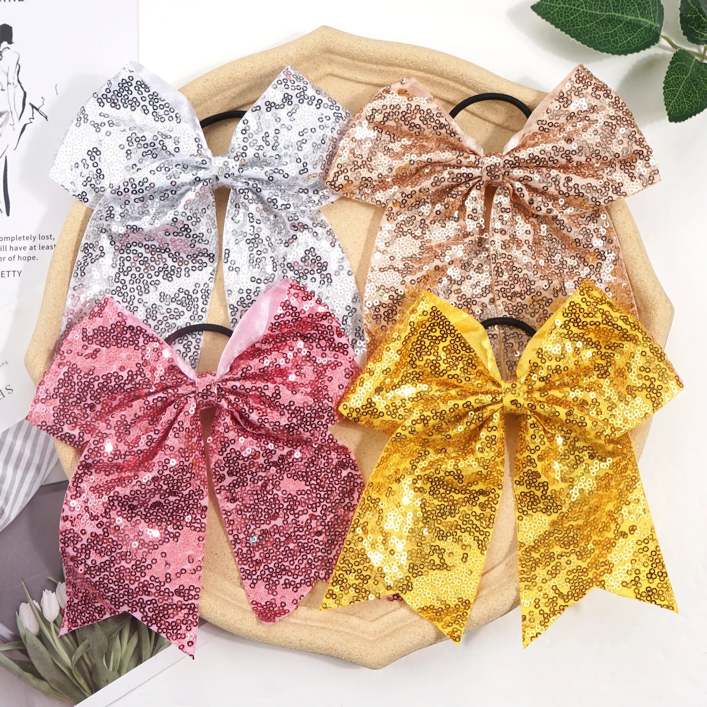 12Pcs 7.5" Bling Sparkly Glitter Sequins Pigtail Bows for kid Girls Large cheerleading bows Ponytail Holder Elastic Hair Ties