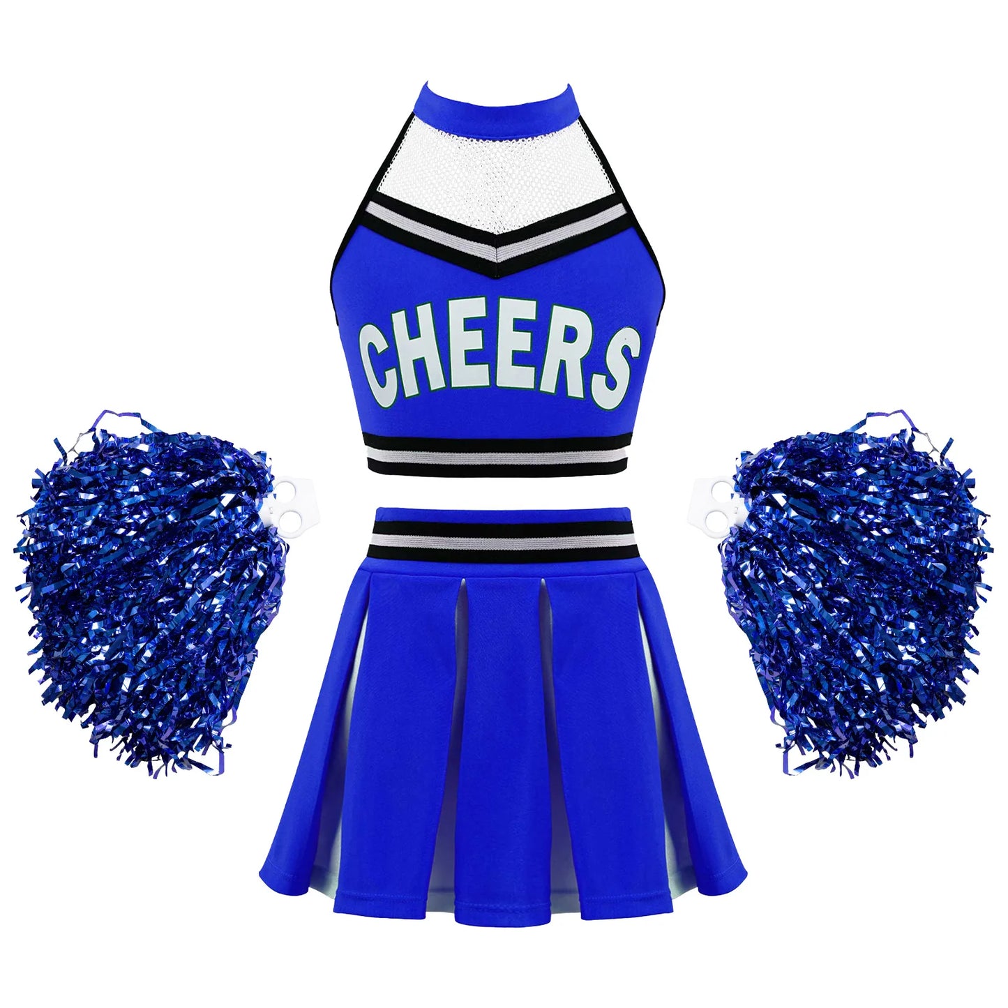 Girls Cheerleader Uniform Dance Costume Halter Mesh Patchwork Cheers Print Crop Top with Pleated Skirt Pompoms Cheerleading Suit