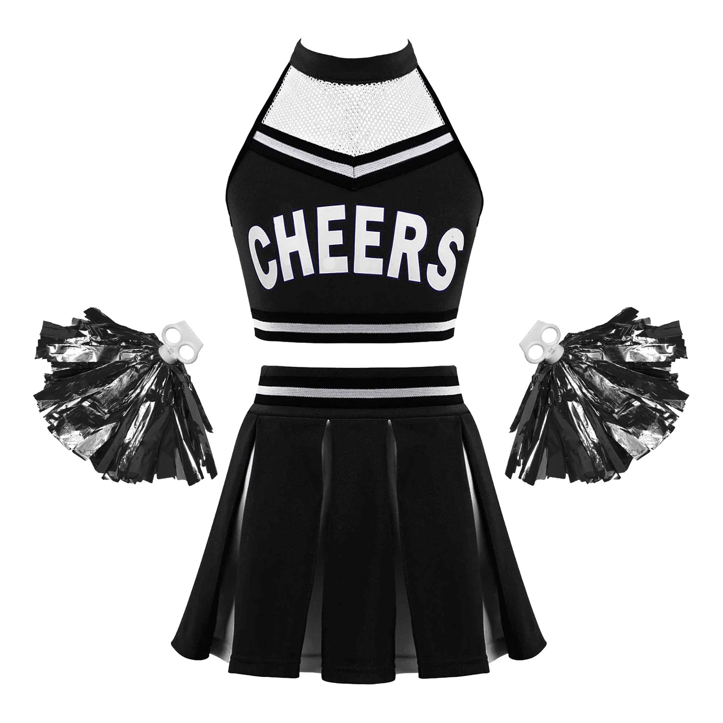 Girls Cheerleader Uniform Dance Costume Halter Mesh Patchwork Cheers Print Crop Top with Pleated Skirt Pompoms Cheerleading Suit