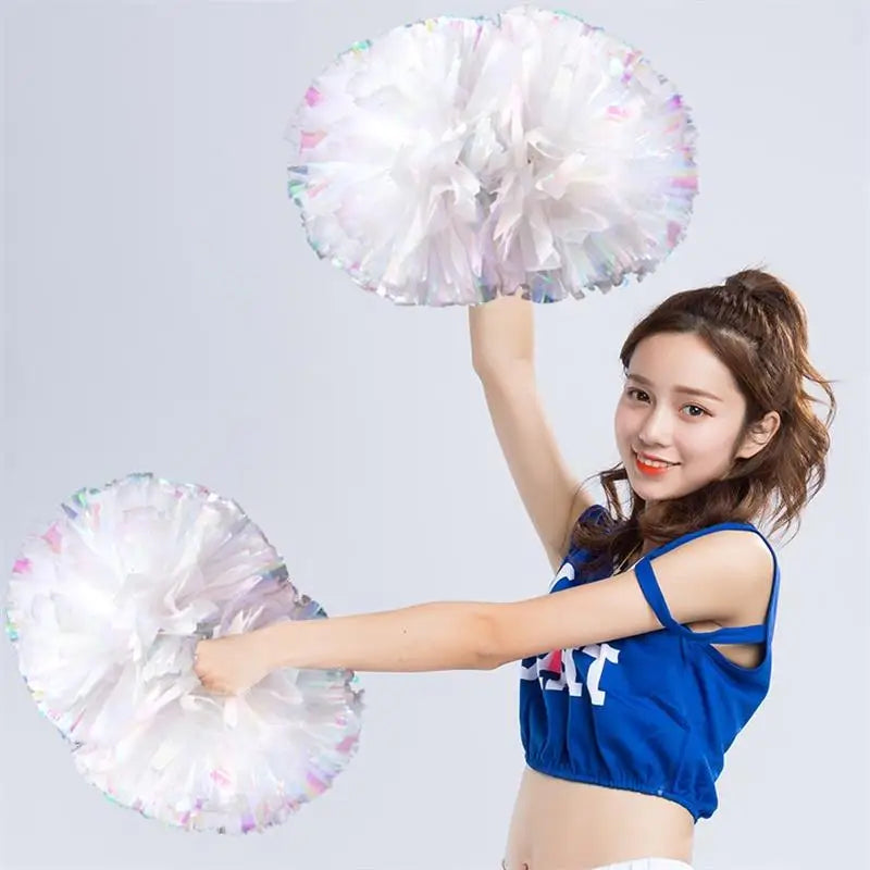 12PC Plastic Handle Metallic Shine Streamer Pompoms Cheerleading Cheering Pom Pom Ball Cheering Dance Decorator Club Sport Supply