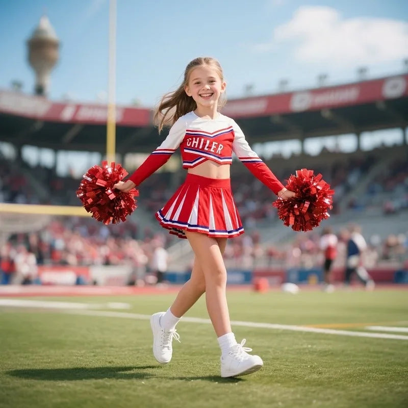 3-12Y Cheerleader Dress (With Hand Flower) Printed Letter T-Shirt Football Game Festival Cosplay Clothing Blue Red Skirt