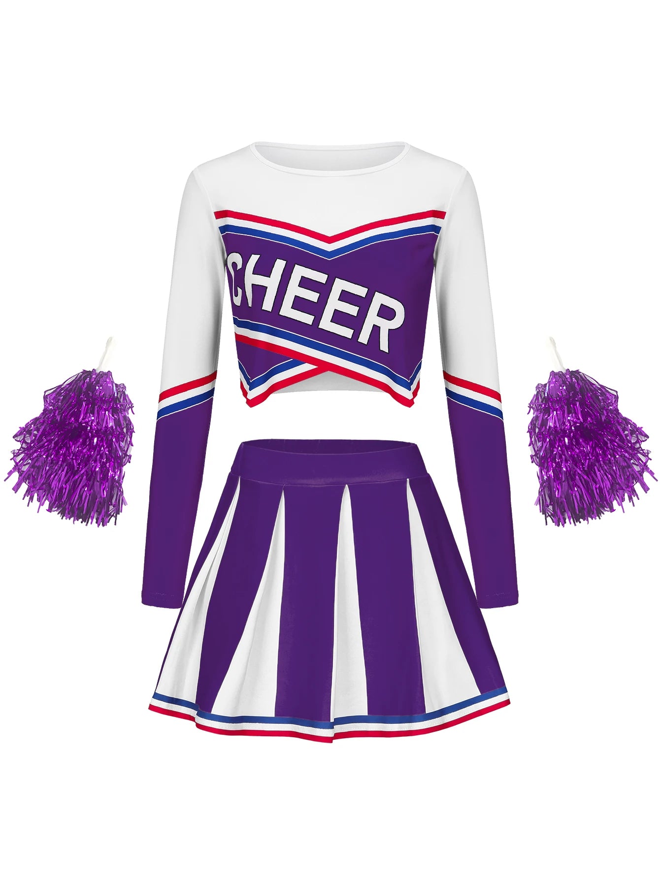 Women's Long Sleeve Cheerleader Cosplay Costume With Pompon Sexy Student Stage Music Performance Dresses Halloween Party Uniform