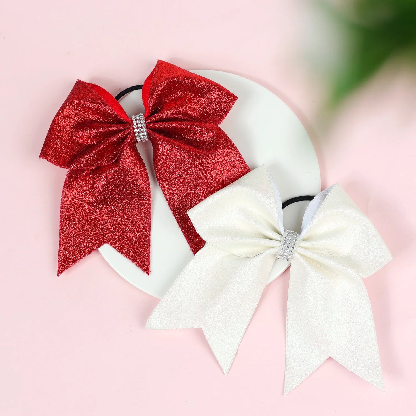 12PCS 7" Girls Large Bling Cheerleading Glitter Hair Bow Elastic Hair Bands Ponytail Holder Hair Ties Women Diamond Hair Accessorie