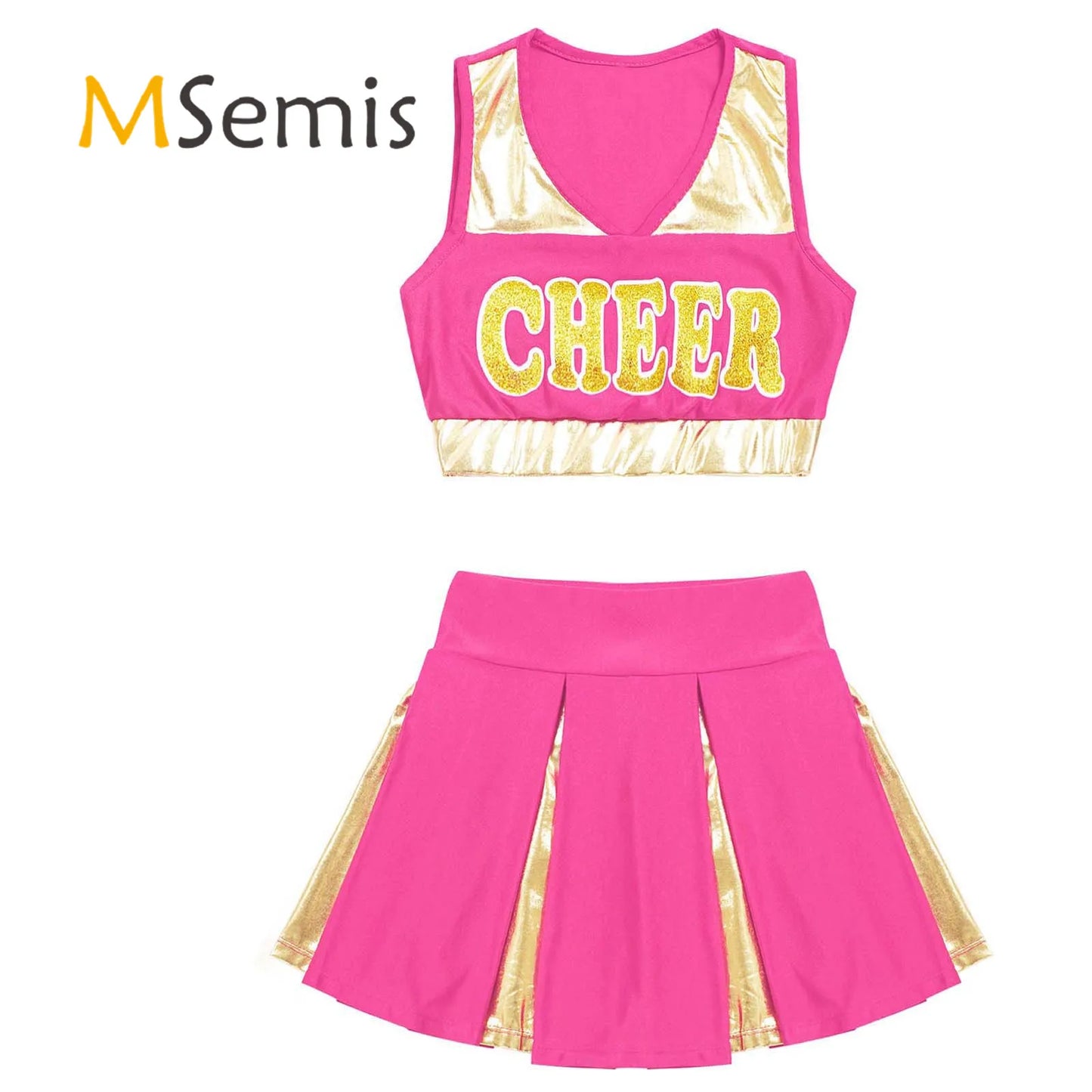 Kids Girls Cheerleading Costume Cheerleader Uniform Sleeveless V Neckline Letter Print Crop Top with Elastic Waistband Skirt
