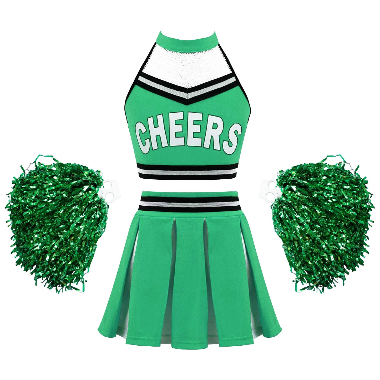 Girls Cheerleader Uniform Dance Costume Halter Mesh Patchwork Cheers Print Crop Top with Pleated Skirt Pompoms Cheerleading Suit