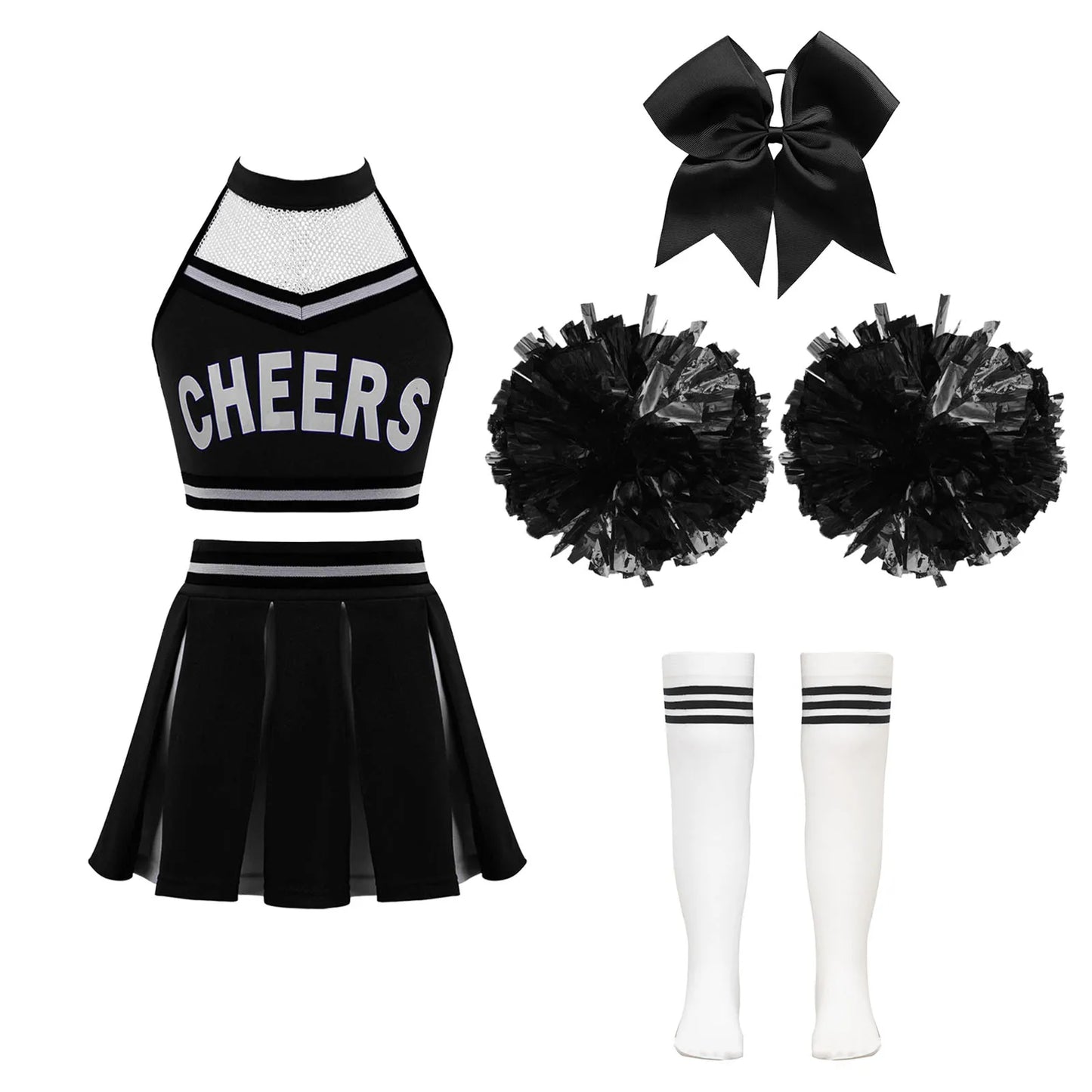 Girls Cheerleader Uniform Dance Costume Halter Mesh Patchwork Cheers Print Crop Top with Pleated Skirt Pompoms Cheerleading Suit
