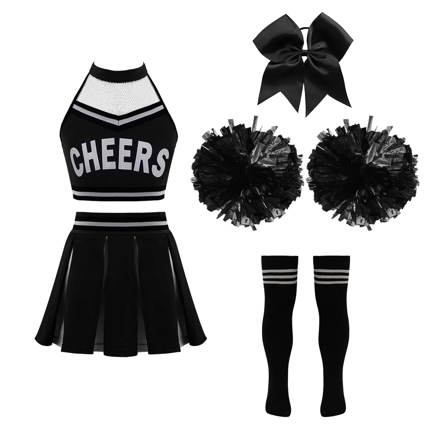 Girls Cheerleader Uniform Dance Costume Halter Mesh Patchwork Cheers Print Crop Top with Pleated Skirt Pompoms Cheerleading Suit