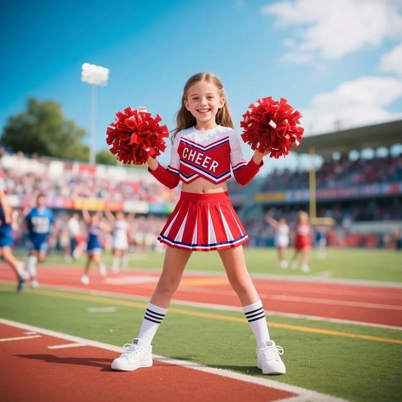 3-12Y Cheerleader Dress (With Hand Flower) Printed Letter T-Shirt Football Game Festival Cosplay Clothing Blue Red Skirt