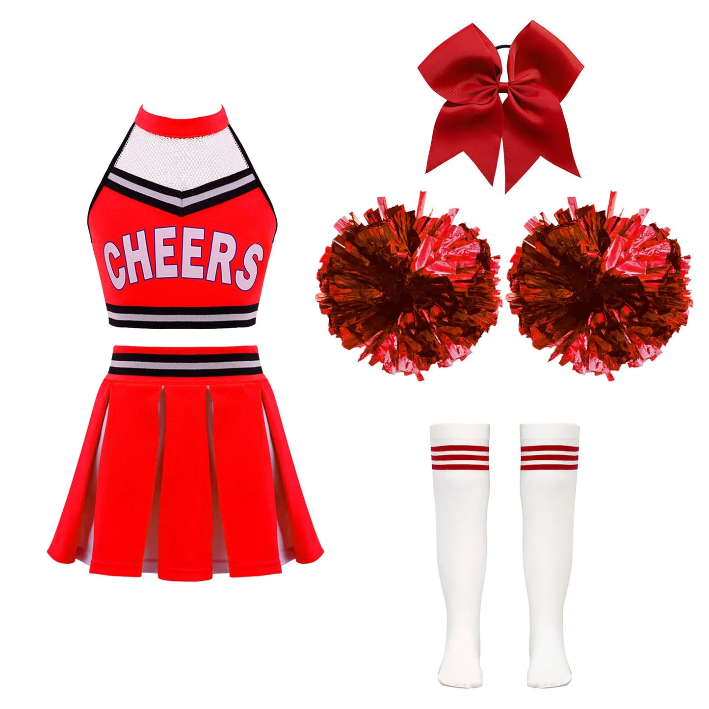 Girls Cheerleader Uniform Dance Costume Halter Mesh Patchwork Cheers Print Crop Top with Pleated Skirt Pompoms Cheerleading Suit