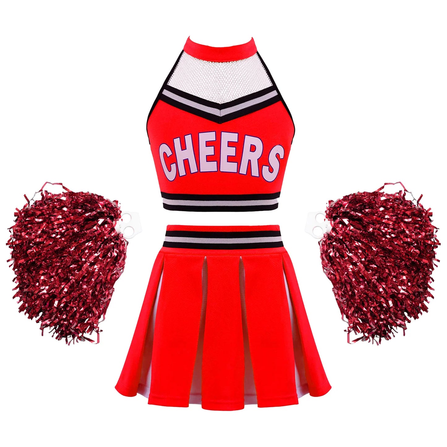 Girls Cheerleader Uniform Dance Costume Halter Mesh Patchwork Cheers Print Crop Top with Pleated Skirt Pompoms Cheerleading Suit
