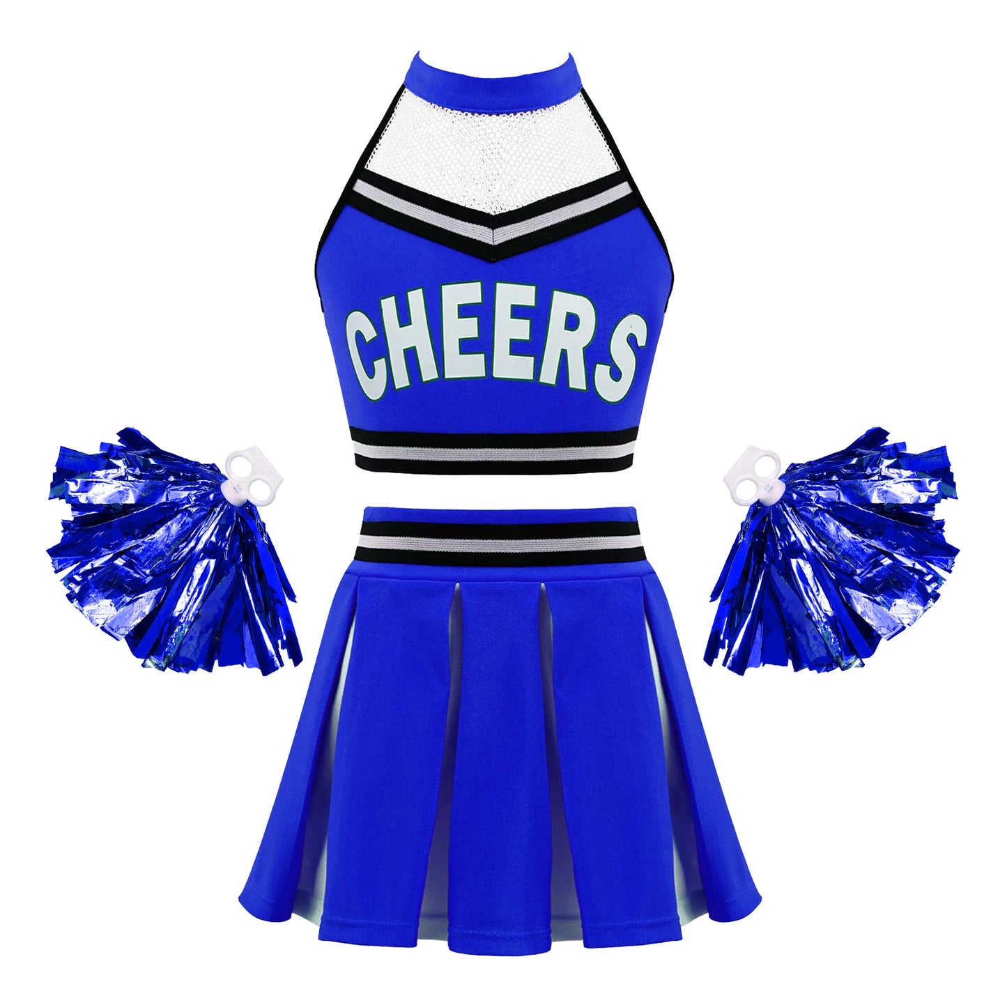 Girls Cheerleader Uniform Dance Costume Halter Mesh Patchwork Cheers Print Crop Top with Pleated Skirt Pompoms Cheerleading Suit