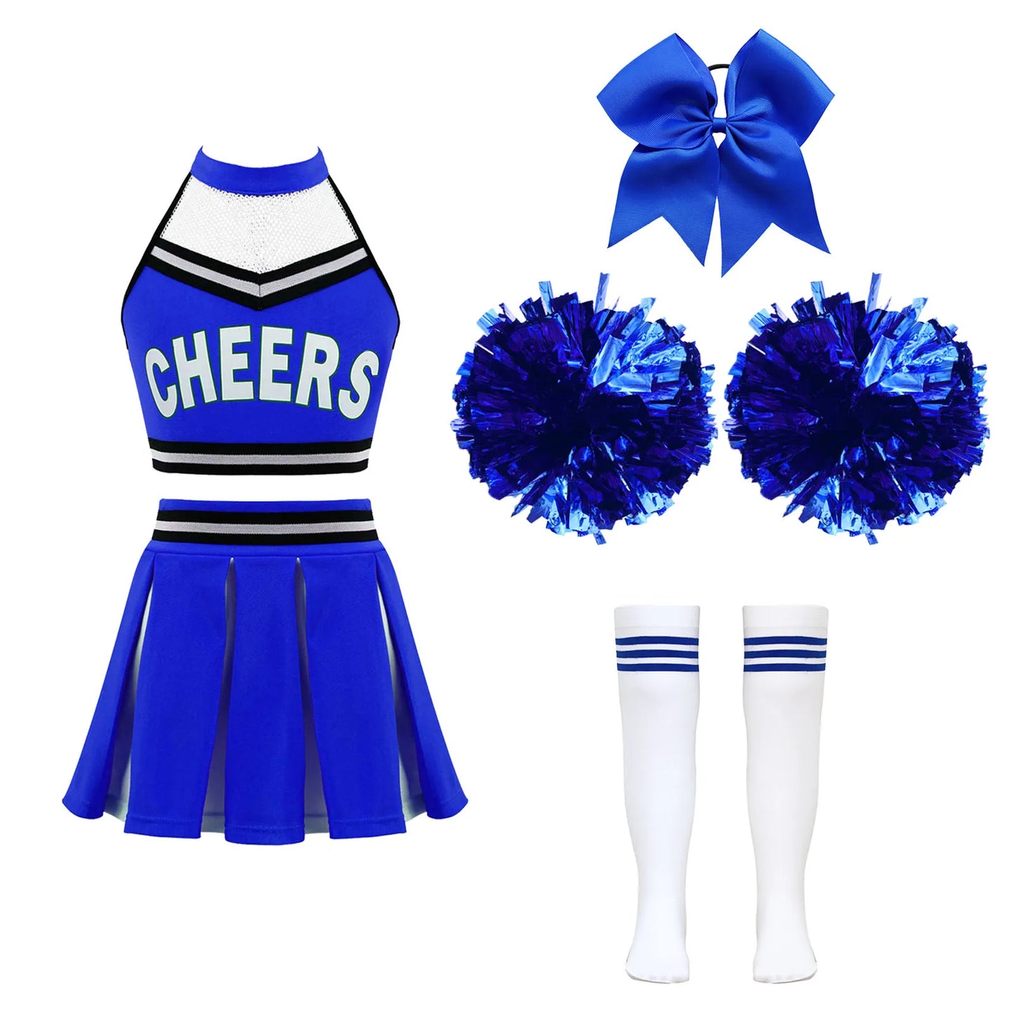 Girls Cheerleader Uniform Dance Costume Halter Mesh Patchwork Cheers Print Crop Top with Pleated Skirt Pompoms Cheerleading Suit